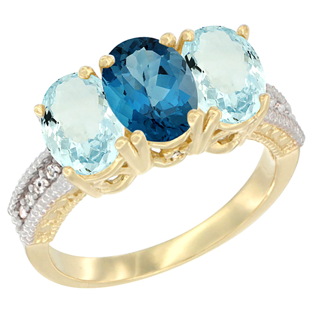 14K Yellow Gold Natural London Blue Topaz &amp; Aquamarine Sides Ring 3-Stone Oval 7x5 mm Diamond Accent, sizes 5 - 10