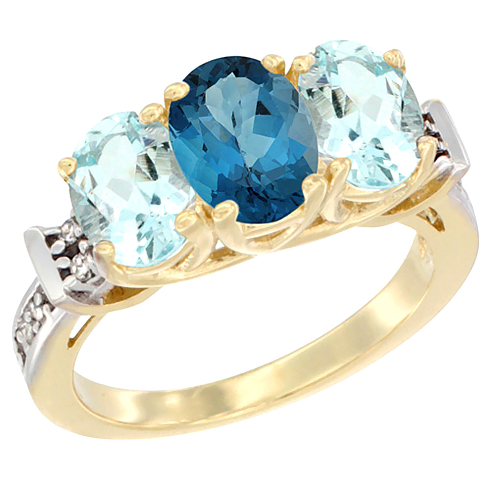 14K Yellow Gold Natural London Blue Topaz &amp; Aquamarine Sides Ring 3-Stone Oval Diamond Accent, sizes 5 - 10