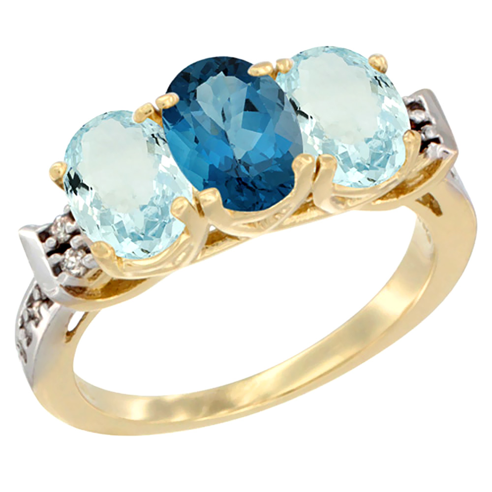 10K Yellow Gold Natural London Blue Topaz &amp; Aquamarine Sides Ring 3-Stone Oval 7x5 mm Diamond Accent, sizes 5 - 10