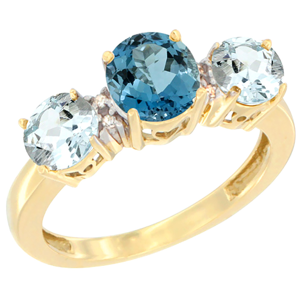 10K Yellow Gold Round 3-Stone Natural London Blue Topaz Ring &amp; Aquamarine Sides Diamond Accent, sizes 5 - 10