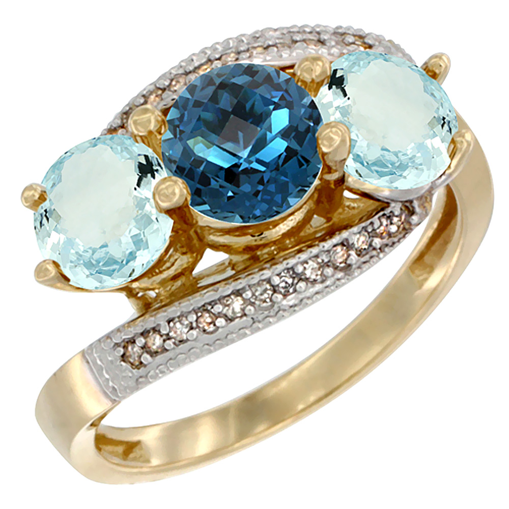 14K Yellow Gold Natural London Blue Topaz &amp; Aquamarine Sides 3 stone Ring Round 6mm Diamond Accent, sizes 5 - 10