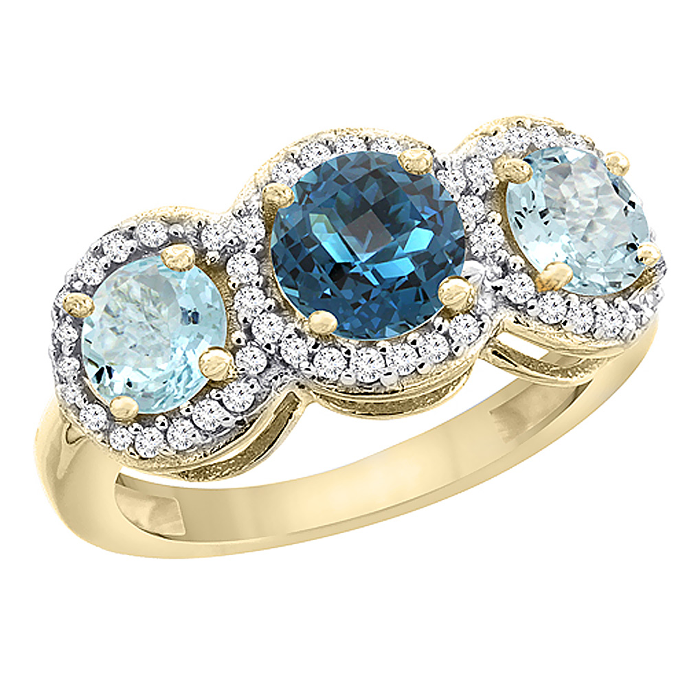 10K Yellow Gold Natural London Blue Topaz &amp; Aquamarine Sides Round 3-stone Ring Diamond Accents, sizes 5 - 10