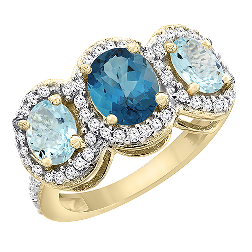 14K Yellow Gold Natural London Blue Topaz &amp; Aquamarine 3-Stone Ring Oval Diamond Accent, sizes 5 - 10