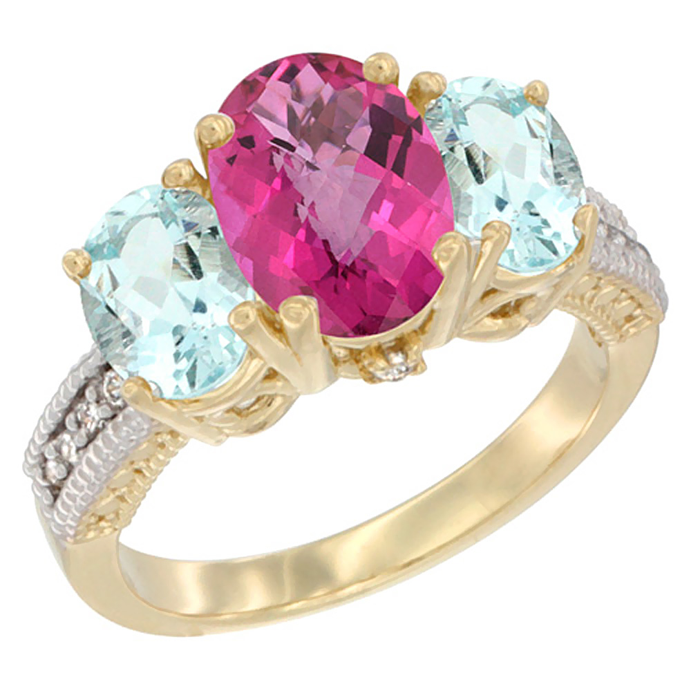 14K Yellow Gold Diamond Natural Pink Topaz Ring 3-Stone Oval 8x6mm with Aquamarine, sizes5-10