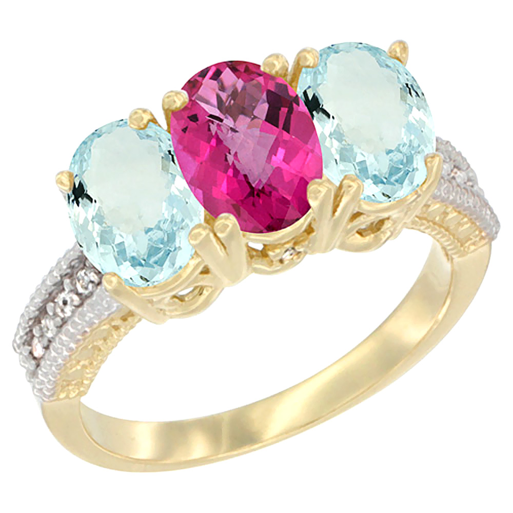 14K Yellow Gold Natural Pink Topaz &amp; Aquamarine Sides Ring 3-Stone Oval 7x5 mm Diamond Accent, sizes 5 - 10