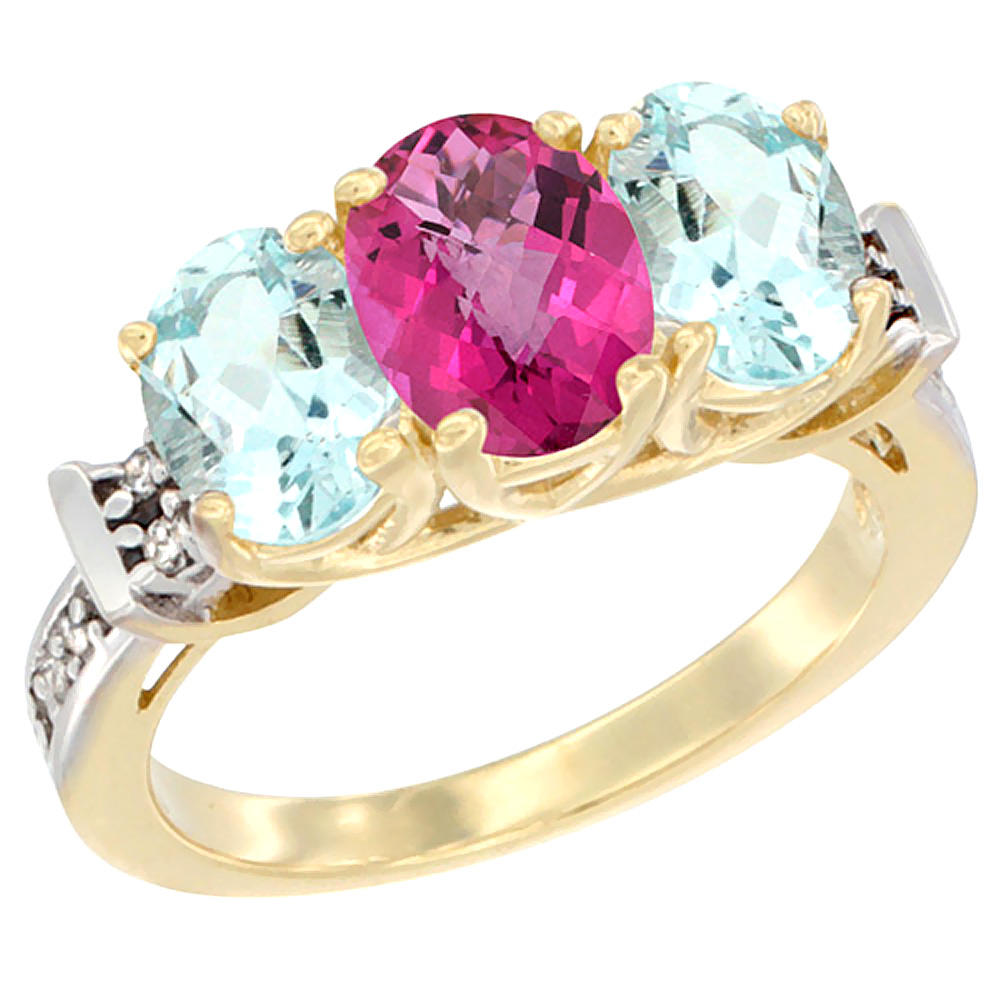 14K Yellow Gold Natural Pink Topaz &amp; Aquamarine Sides Ring 3-Stone Oval Diamond Accent, sizes 5 - 10