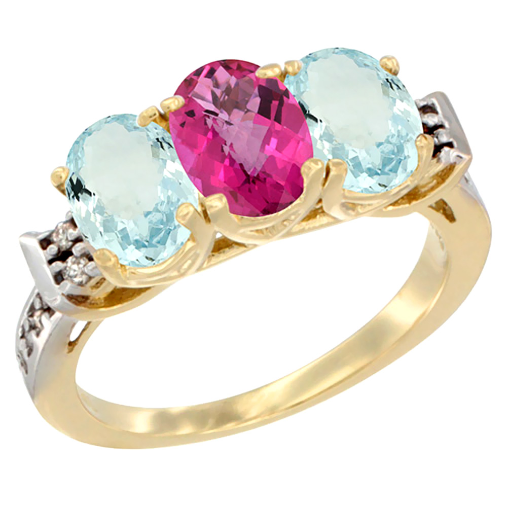 14K Yellow Gold Natural Pink Topaz & Aquamarine Sides Ring 3-Stone Oval 7x5 mm Diamond Accent, sizes 5 - 10