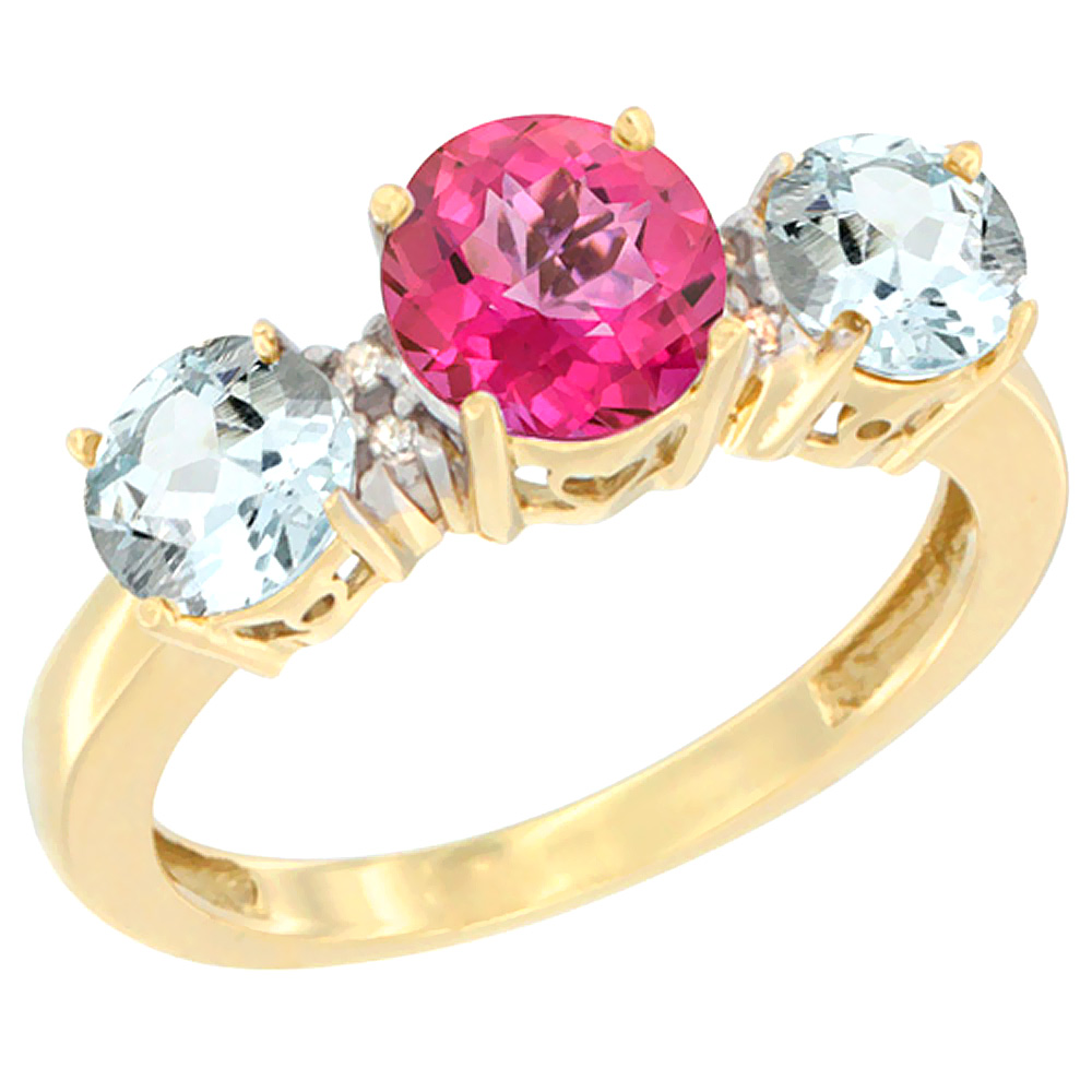 14K Yellow Gold Round 3-Stone Natural Pink Topaz Ring &amp; Aquamarine Sides Diamond Accent, sizes 5 - 10