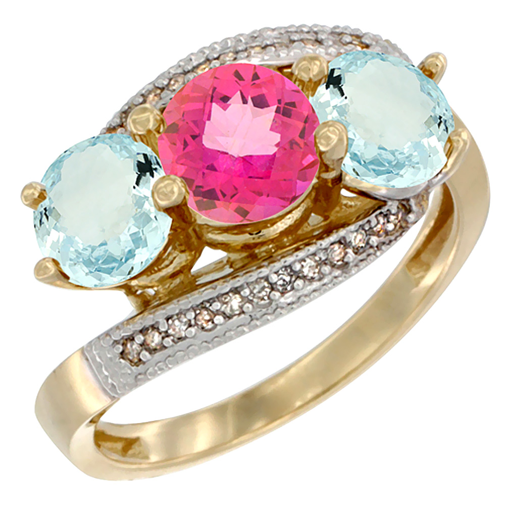 10K Yellow Gold Natural Pink Topaz &amp; Aquamarine Sides 3 stone Ring Round 6mm Diamond Accent, sizes 5 - 10