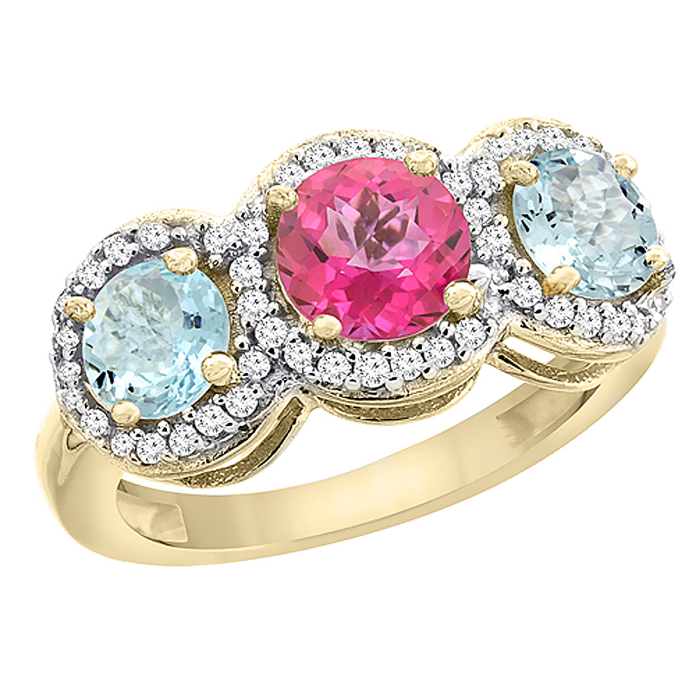 14K Yellow Gold Natural Pink Topaz &amp; Aquamarine Sides Round 3-stone Ring Diamond Accents, sizes 5 - 10