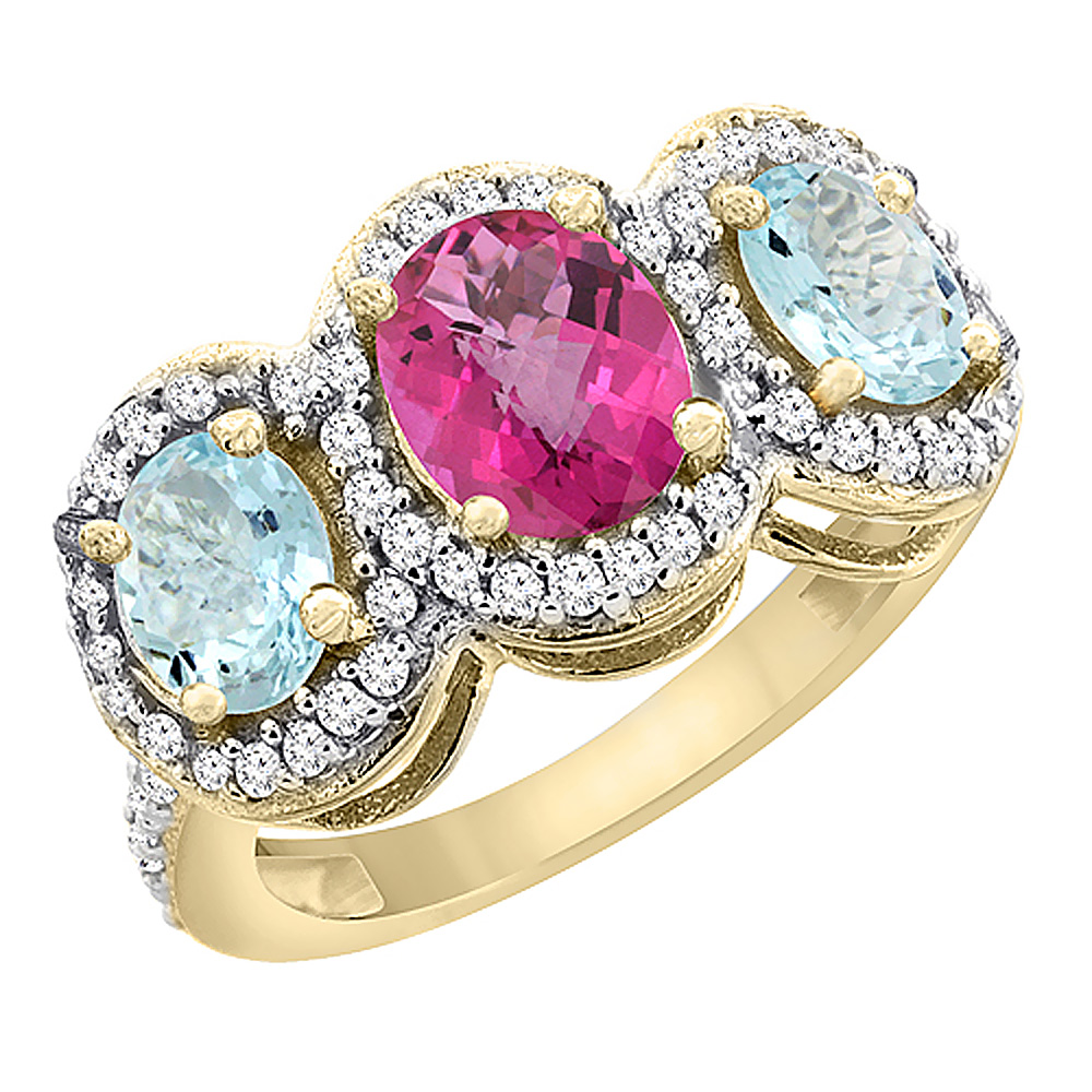14K Yellow Gold Natural Pink Topaz & Aquamarine 3-Stone Ring Oval Diamond Accent, sizes 5 - 10