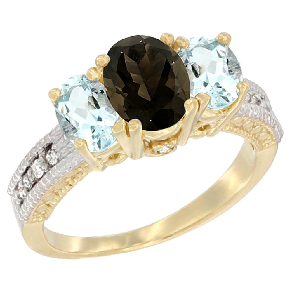 14K Yellow Gold Diamond Natural Smoky Topaz Ring Oval 3-stone with Aquamarine, sizes 5 - 10