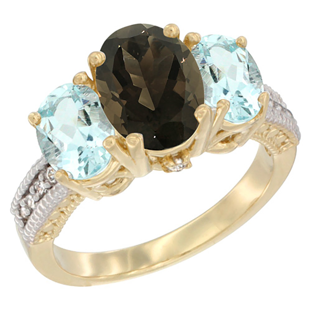 14K Yellow Gold Diamond Natural Smoky Topaz Ring 3-Stone Oval 8x6mm with Aquamarine, sizes5-10