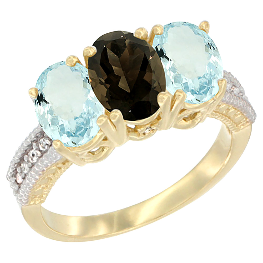 14K Yellow Gold Natural Smoky Topaz & Aquamarine Sides Ring 3-Stone Oval 7x5 mm Diamond Accent, sizes 5 - 10