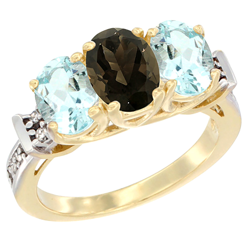 10K Yellow Gold Natural Smoky Topaz & Aquamarine Sides Ring 3-Stone Oval Diamond Accent, sizes 5 - 10