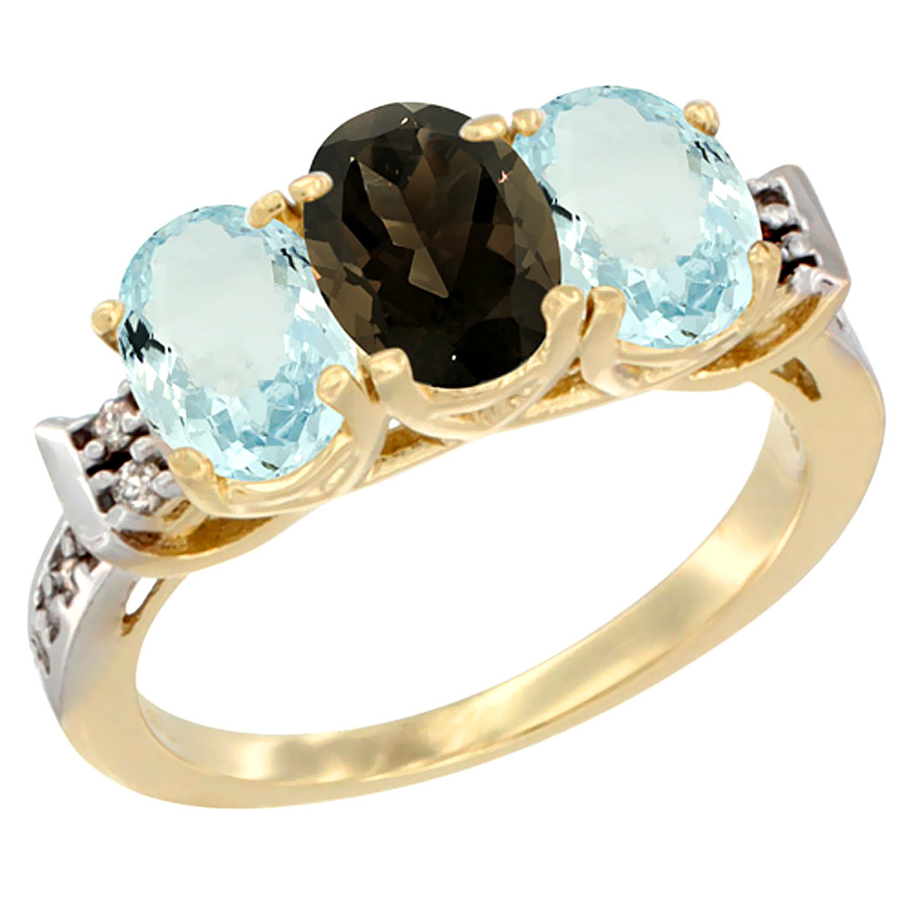 10K Yellow Gold Natural Smoky Topaz & Aquamarine Sides Ring 3-Stone Oval 7x5 mm Diamond Accent, sizes 5 - 10