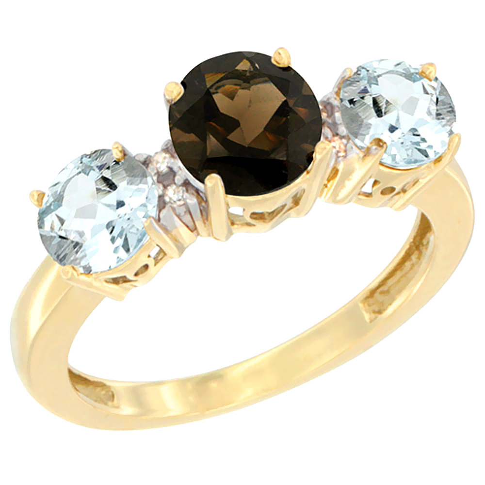 10K Yellow Gold Round 3-Stone Natural Smoky Topaz Ring &amp; Aquamarine Sides Diamond Accent, sizes 5 - 10