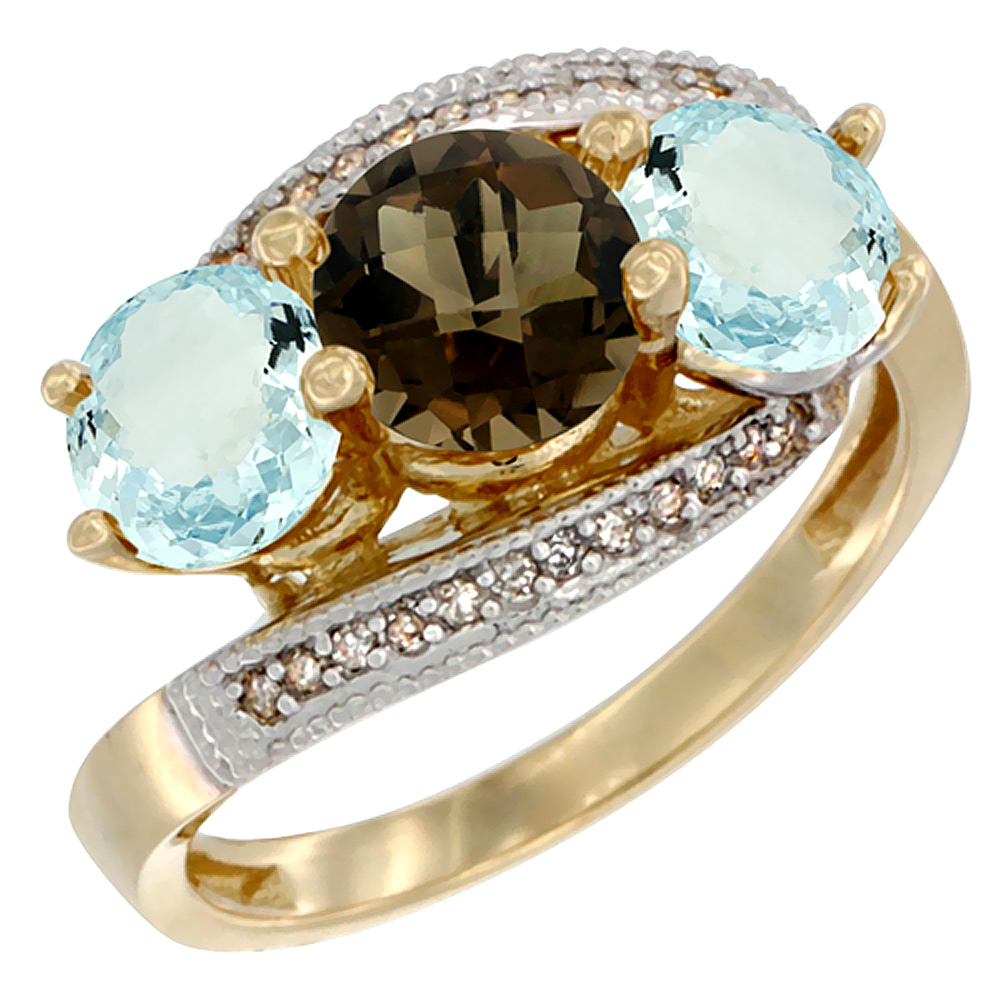 14K Yellow Gold Natural Smoky Topaz & Aquamarine Sides 3 stone Ring Round 6mm Diamond Accent, sizes 5 - 10