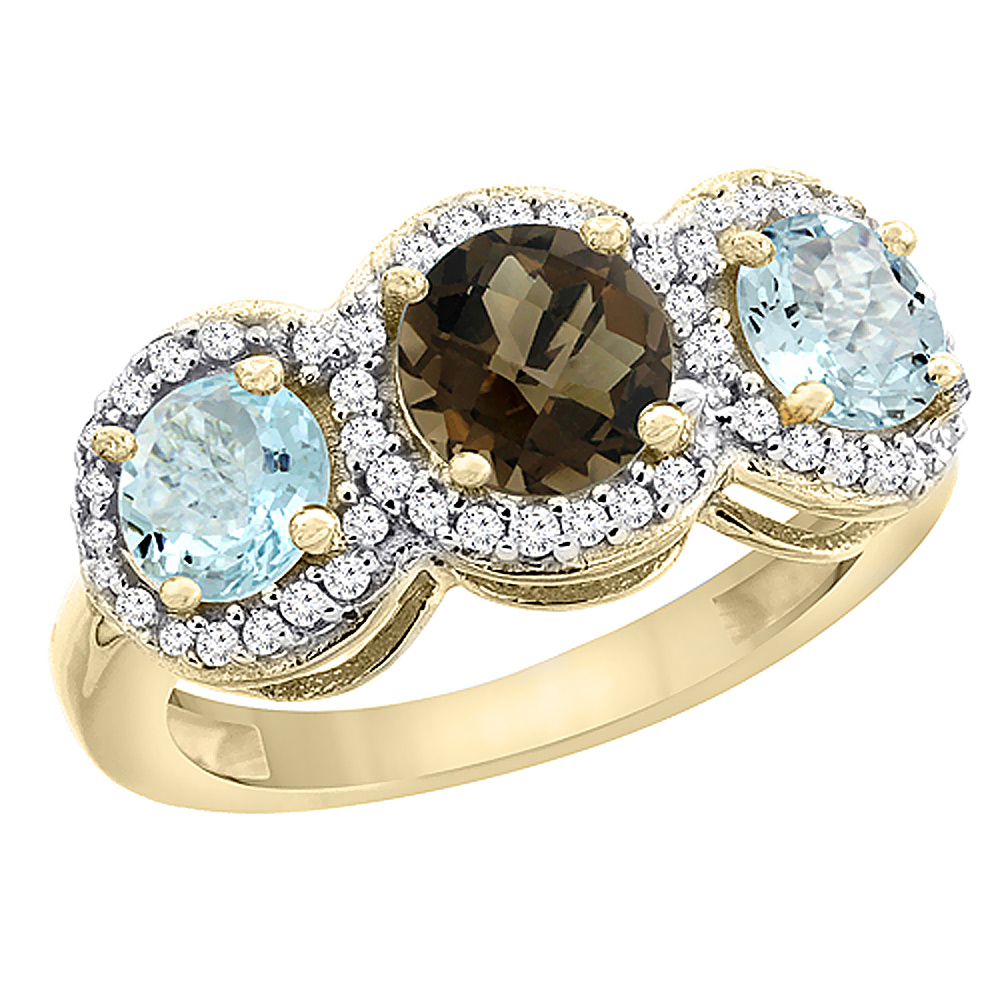 10K Yellow Gold Natural Smoky Topaz &amp; Aquamarine Sides Round 3-stone Ring Diamond Accents, sizes 5 - 10