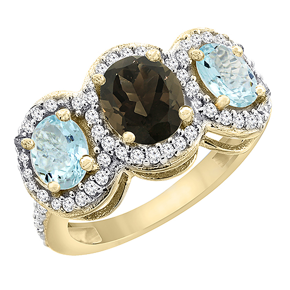 14K Yellow Gold Natural Smoky Topaz & Aquamarine 3-Stone Ring Oval Diamond Accent, sizes 5 - 10