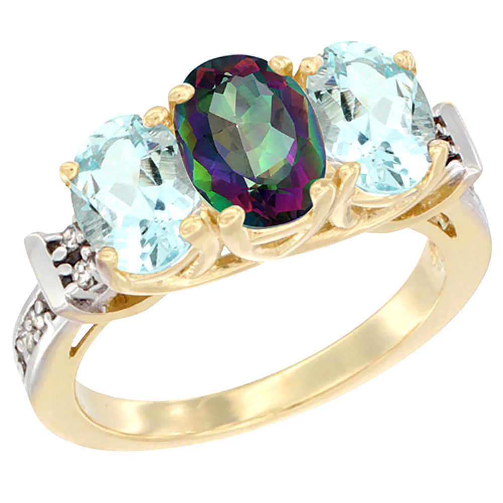 10K Yellow Gold Natural Mystic Topaz & Aquamarine Sides Ring 3-Stone Oval Diamond Accent, sizes 5 - 10