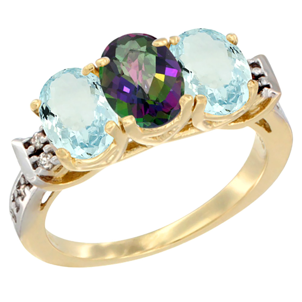 10K Yellow Gold Natural Mystic Topaz & Aquamarine Sides Ring 3-Stone Oval 7x5 mm Diamond Accent, sizes 5 - 10