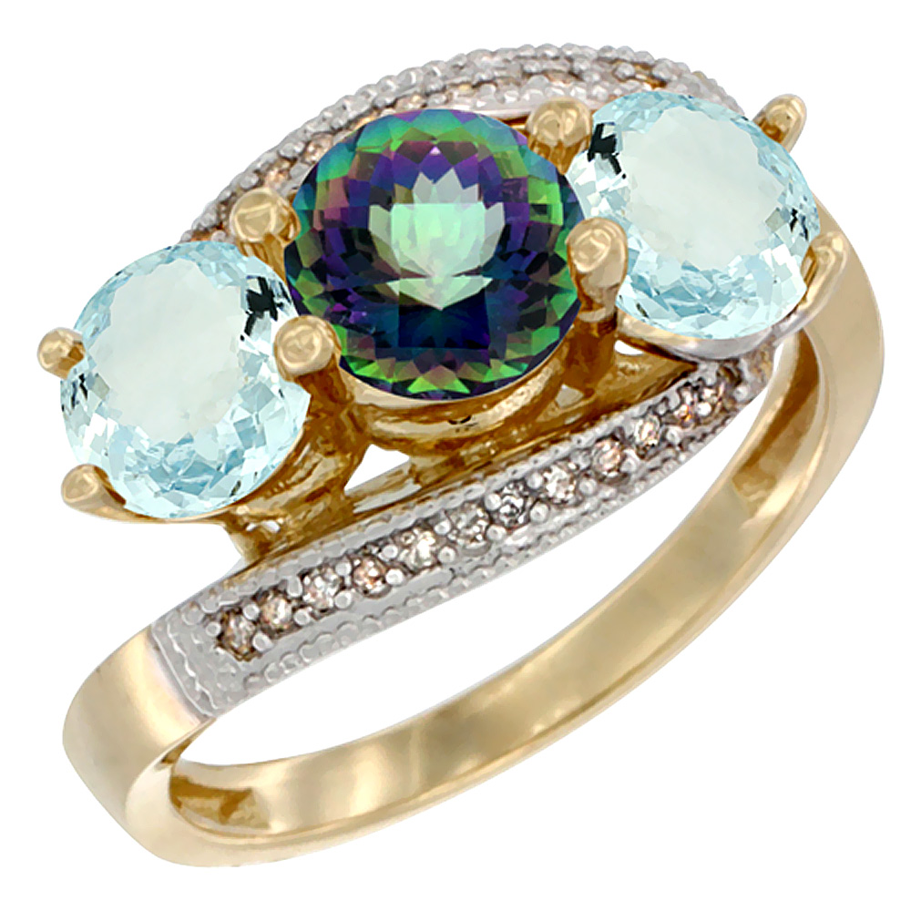 10K Yellow Gold Natural Mystic Topaz & Aquamarine Sides 3 stone Ring Round 6mm Diamond Accent, sizes 5 - 10
