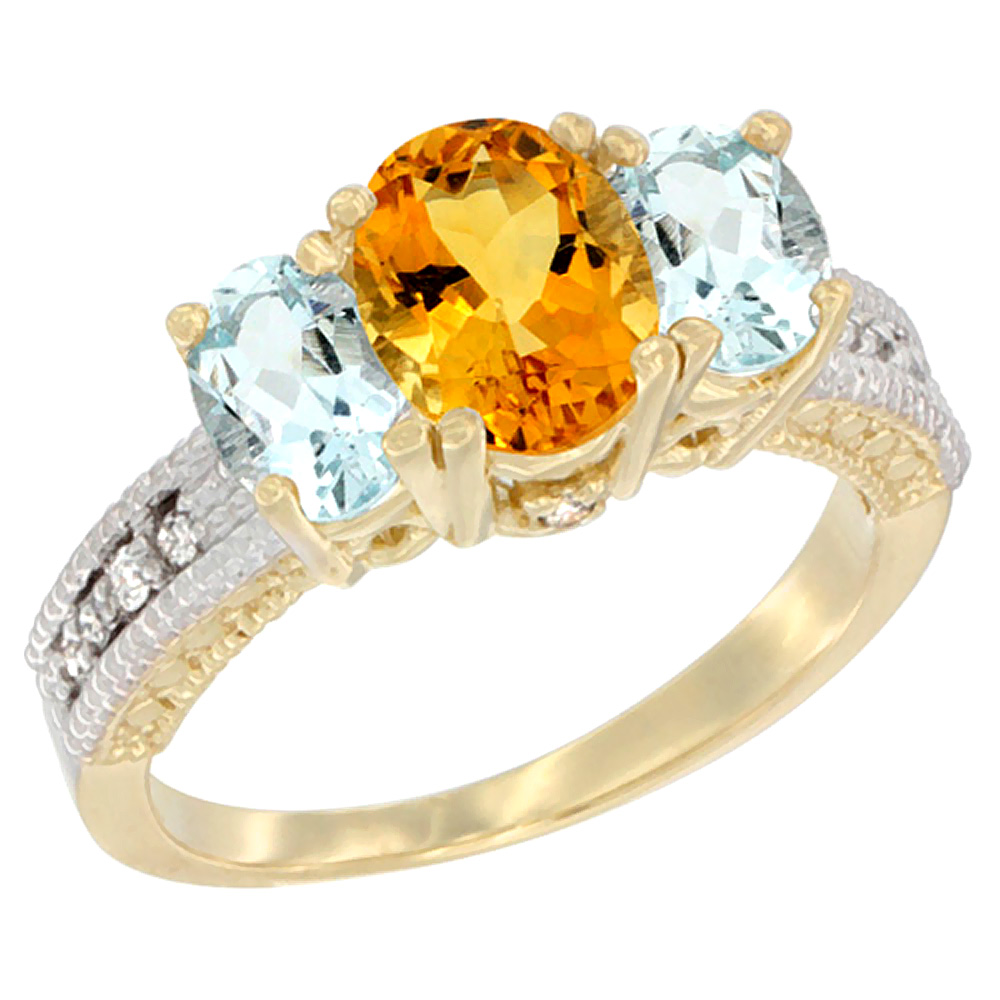 14K Yellow Gold Diamond Natural Citrine Ring Oval 3-stone with Aquamarine, sizes 5 - 10