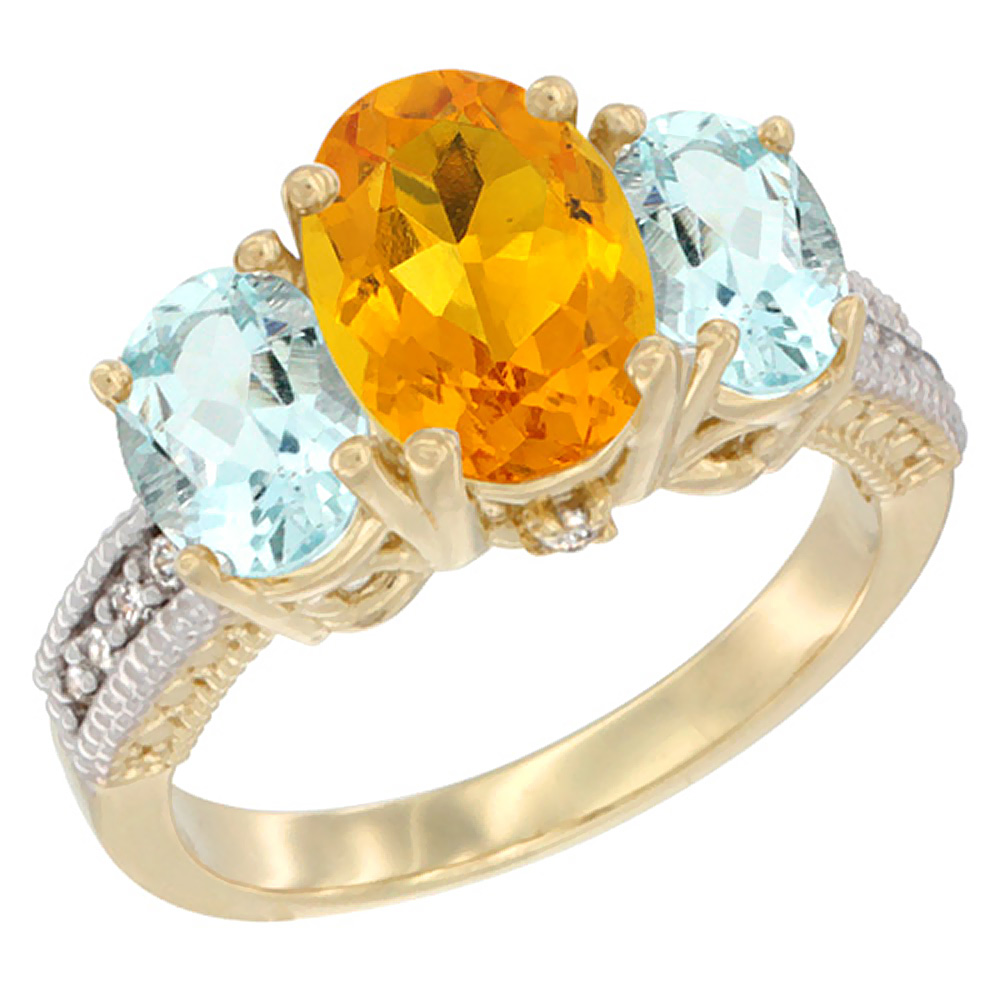10K Yellow Gold Diamond Natural Citrine Ring 3-Stone Oval 8x6mm with Aquamarine, sizes5-10