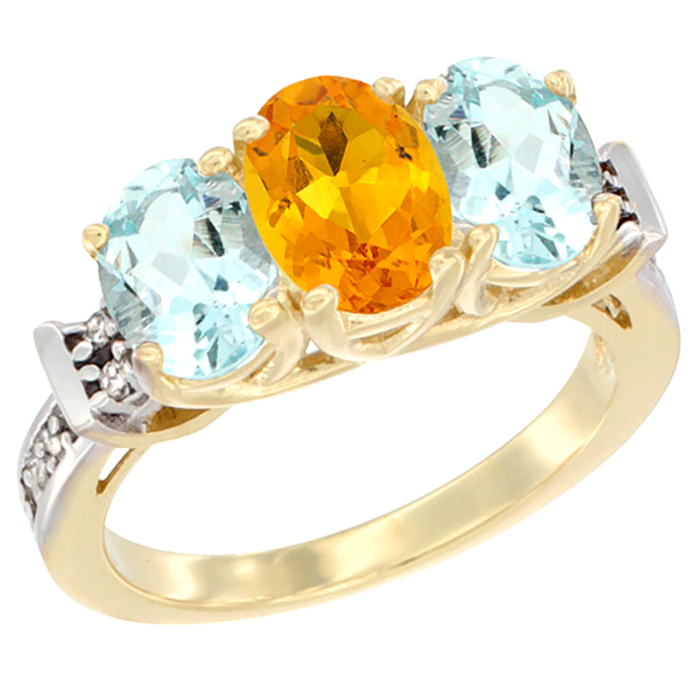 10K Yellow Gold Natural Citrine &amp; Aquamarine Sides Ring 3-Stone Oval Diamond Accent, sizes 5 - 10