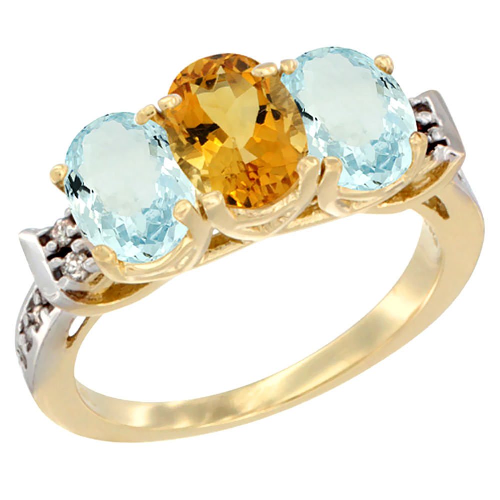 14K Yellow Gold Natural Citrine &amp; Aquamarine Sides Ring 3-Stone Oval 7x5 mm Diamond Accent, sizes 5 - 10
