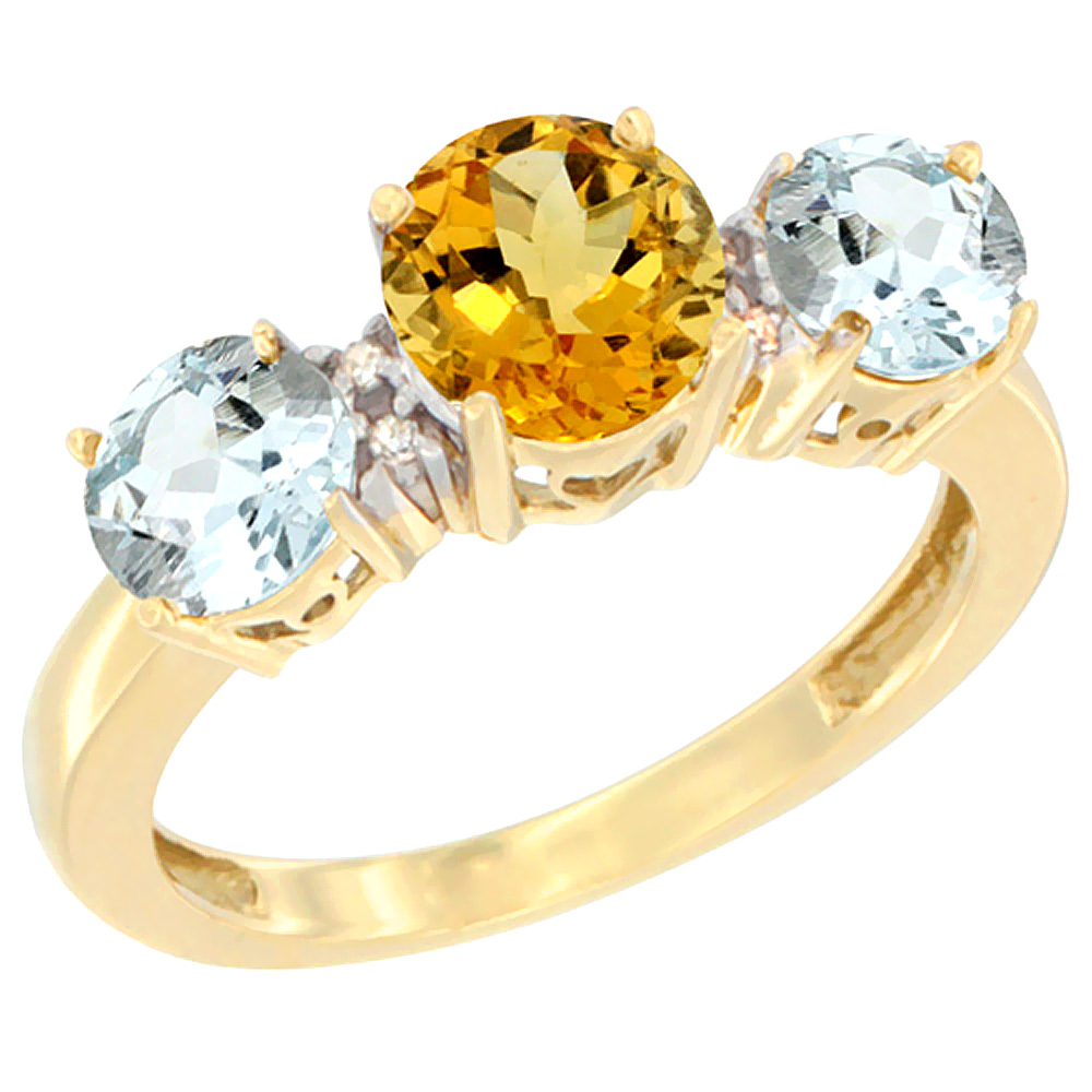 14K Yellow Gold Round 3-Stone Natural Citrine Ring & Aquamarine Sides Diamond Accent, sizes 5 - 10
