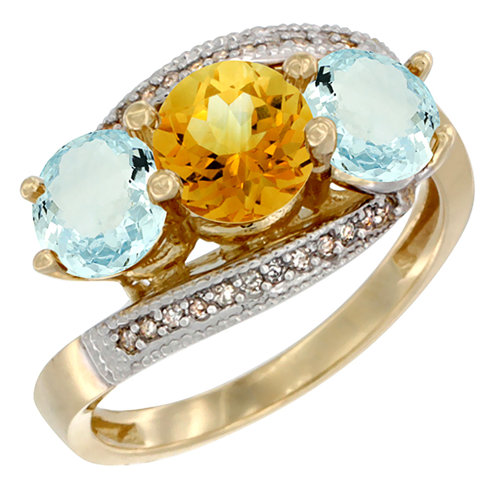 10K Yellow Gold Natural Citrine &amp; Aquamarine Sides 3 stone Ring Round 6mm Diamond Accent, sizes 5 - 10