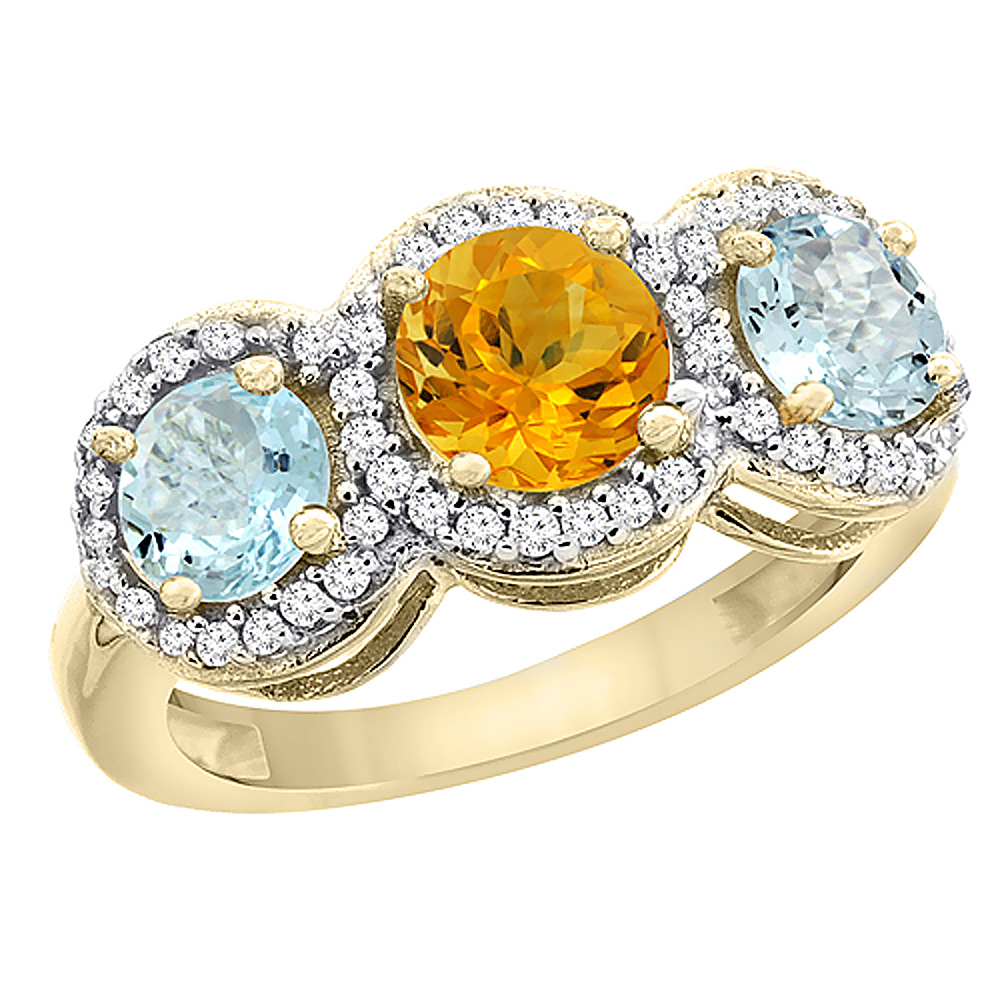 10K Yellow Gold Natural Citrine &amp; Aquamarine Sides Round 3-stone Ring Diamond Accents, sizes 5 - 10