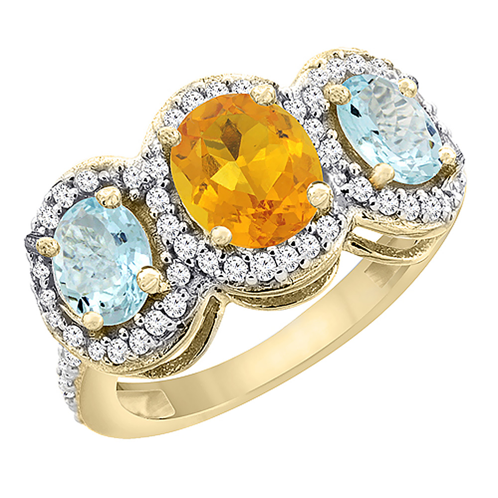 14K Yellow Gold Natural Citrine & Aquamarine 3-Stone Ring Oval Diamond Accent, sizes 5 - 10