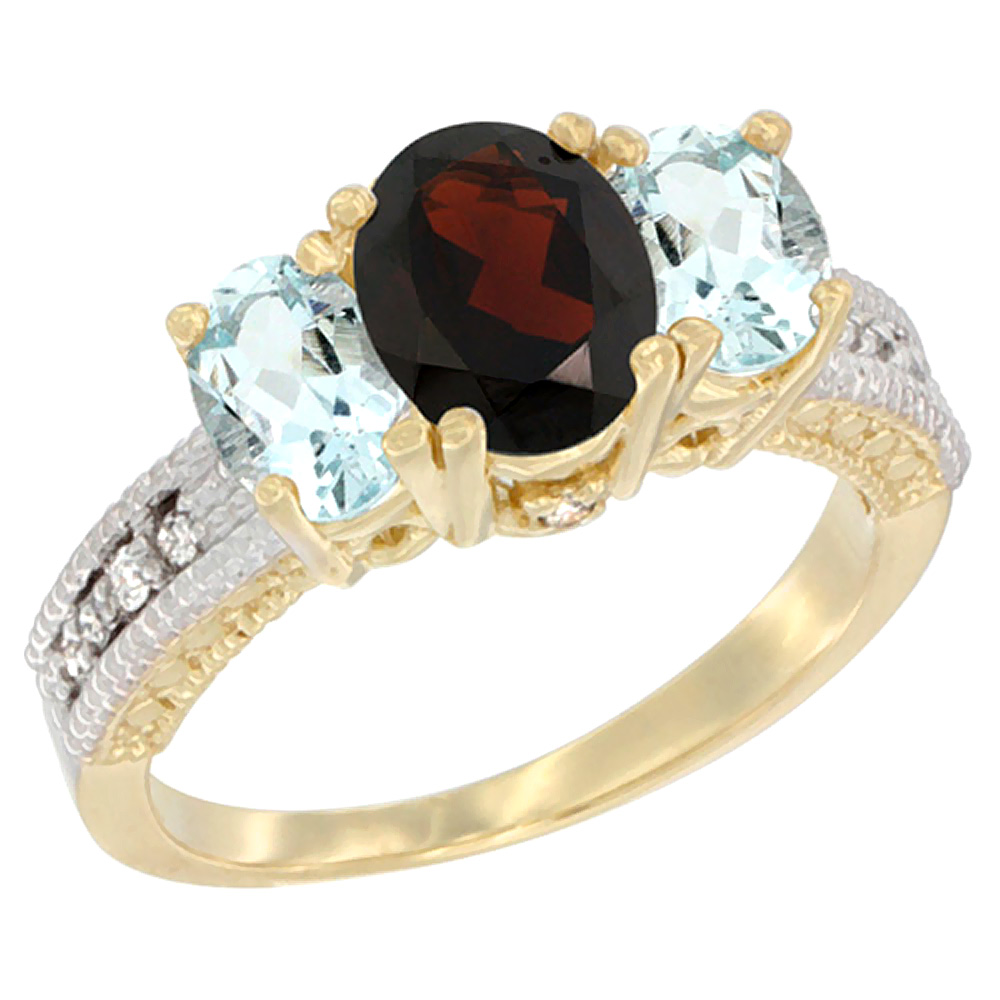 14K Yellow Gold Diamond Natural Garnet Ring Oval 3-stone with Aquamarine, sizes 5 - 10