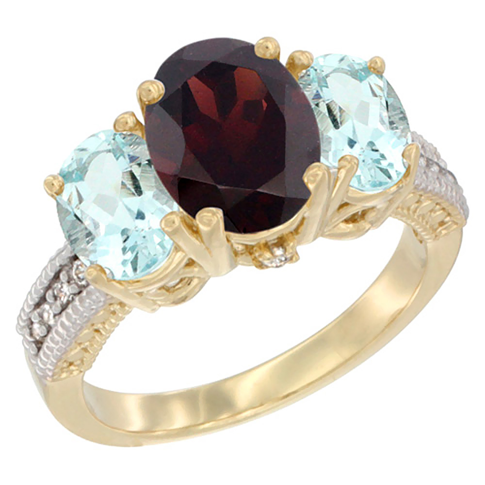 14K Yellow Gold Diamond Natural Garnet Ring 3-Stone Oval 8x6mm with Aquamarine, sizes5-10