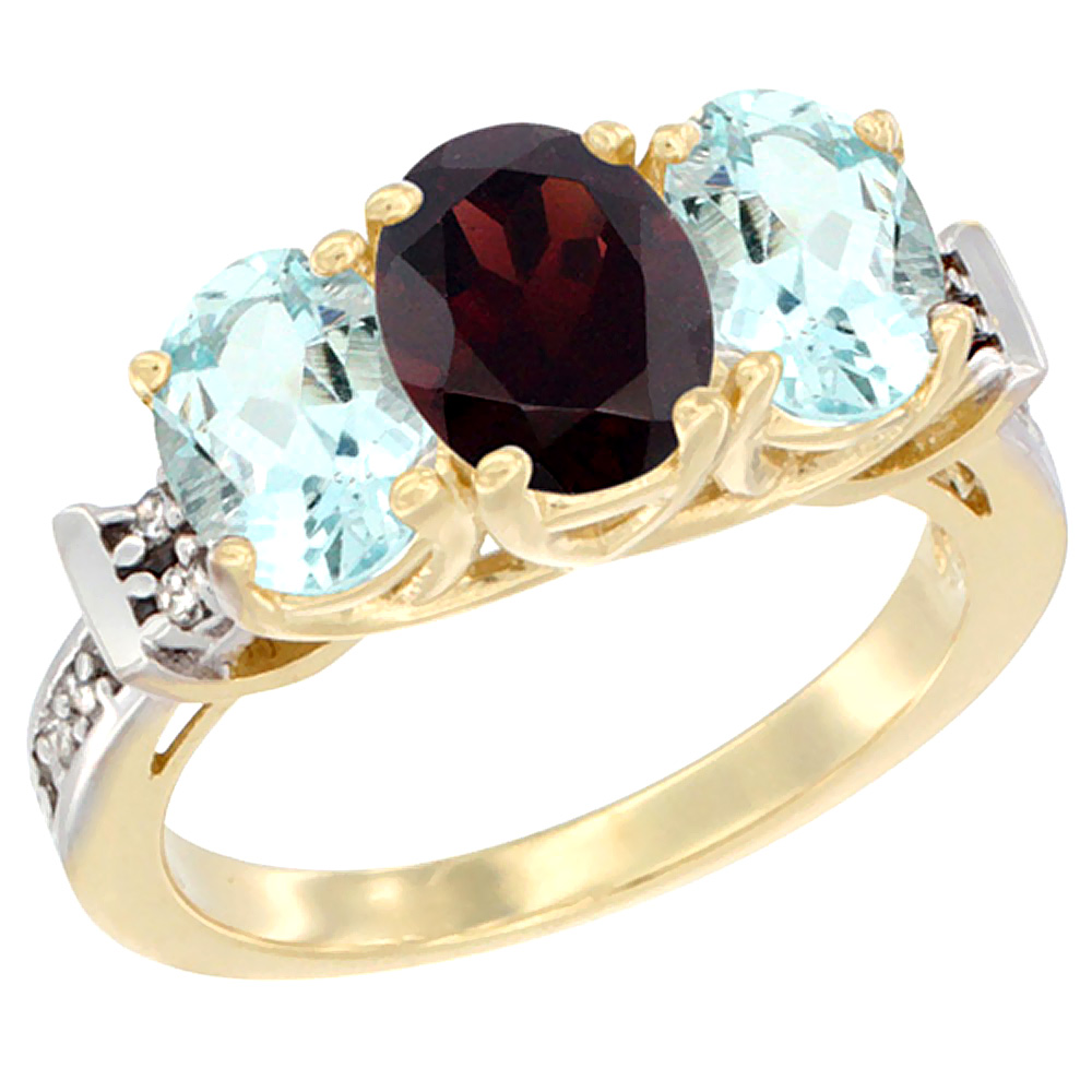 10K Yellow Gold Natural Garnet & Aquamarine Sides Ring 3-Stone Oval Diamond Accent, sizes 5 - 10