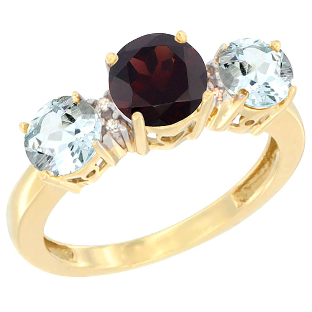 14K Yellow Gold Round 3-Stone Natural Garnet Ring & Aquamarine Sides Diamond Accent, sizes 5 - 10