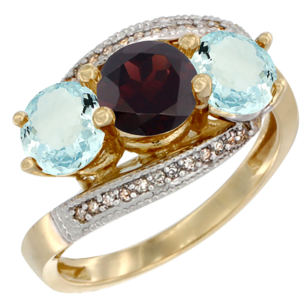10K Yellow Gold Natural Garnet &amp; Aquamarine Sides 3 stone Ring Round 6mm Diamond Accent, sizes 5 - 10
