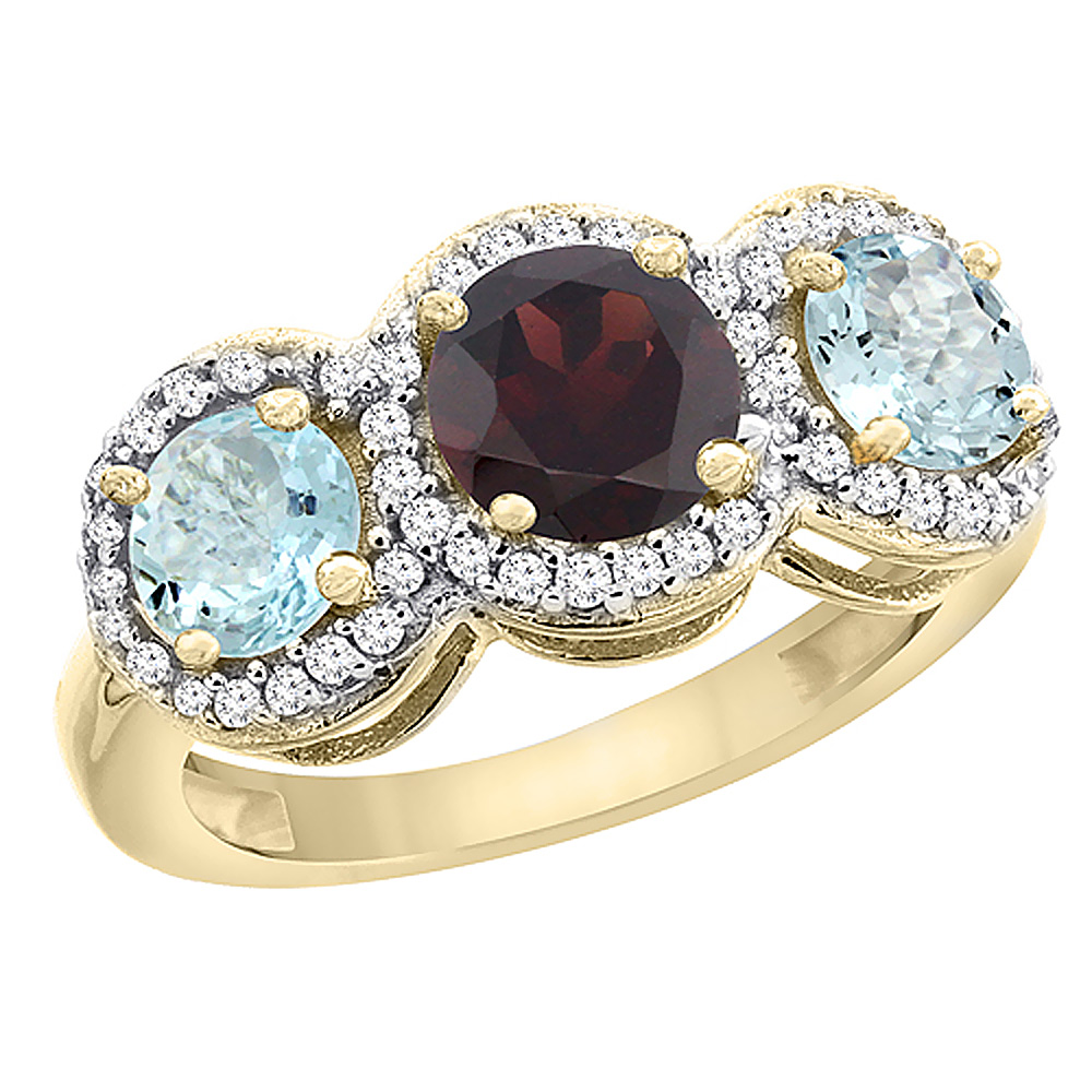 10K Yellow Gold Natural Garnet &amp; Aquamarine Sides Round 3-stone Ring Diamond Accents, sizes 5 - 10