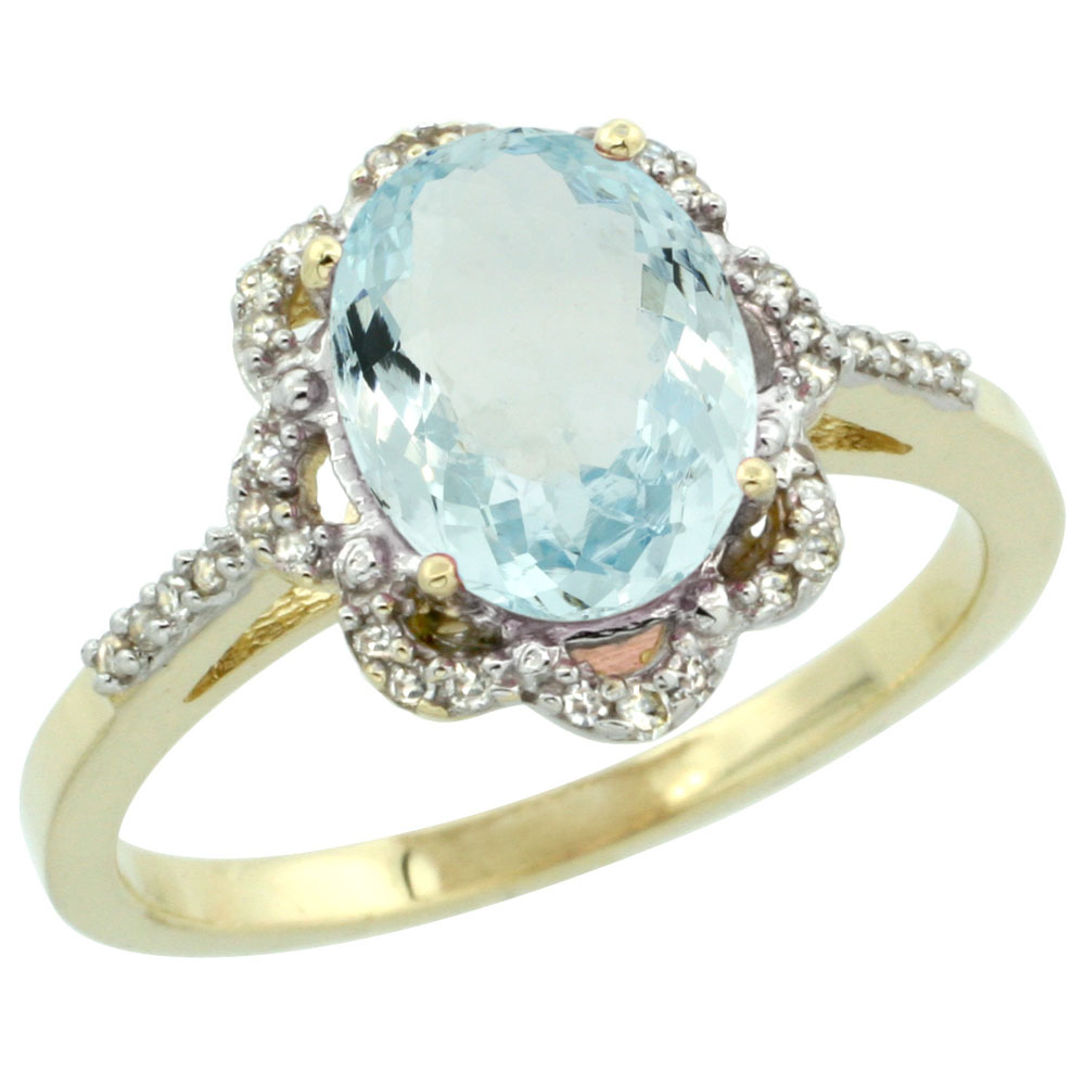 14K Yellow Gold Diamond Halo Natural Aquamarine Engagement Ring Oval 9x7mm, sizes 5-10