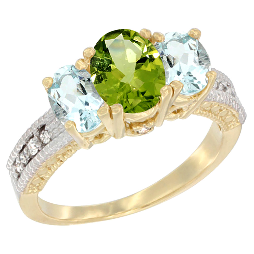10K Yellow Gold Diamond Natural Peridot Ring Oval 3-stone with Aquamarine Ring Oval 3-stone, sizes 5-10