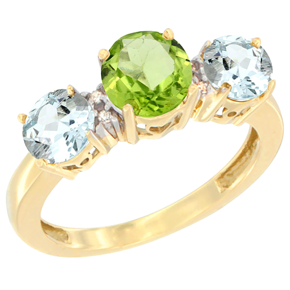 10K Yellow Gold Round 3-Stone Natural Peridot Ring & Aquamarine Sides Diamond Accent, sizes 5 - 10