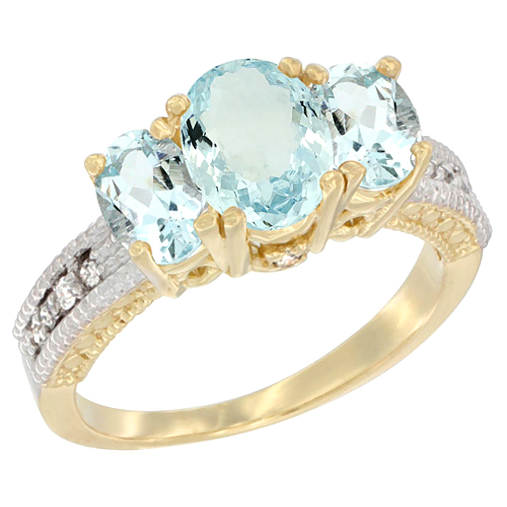 14K Yellow Gold Diamond Natural Aquamarine Ring Oval 3-stone with Aquamarine, sizes 5 - 10
