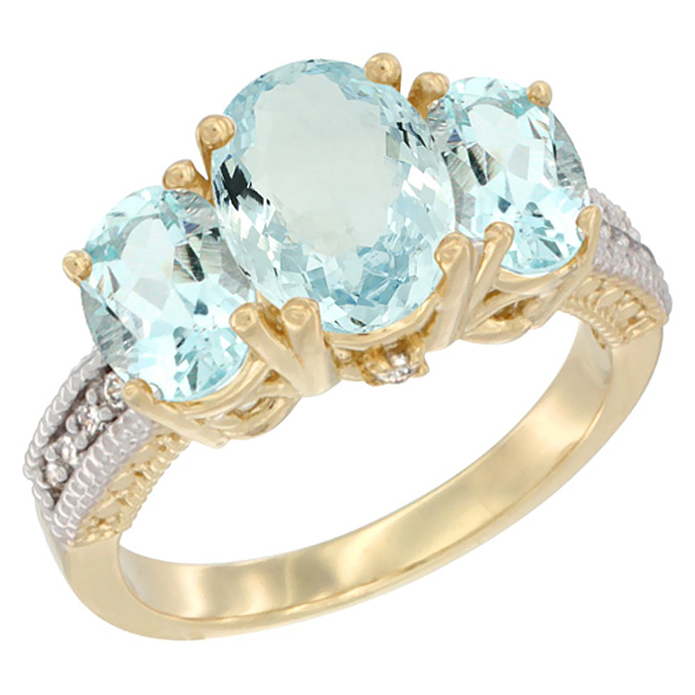 14K Yellow Gold Diamond Natural Aquamarine Ring 3-Stone Oval 8x6mm, sizes5-10
