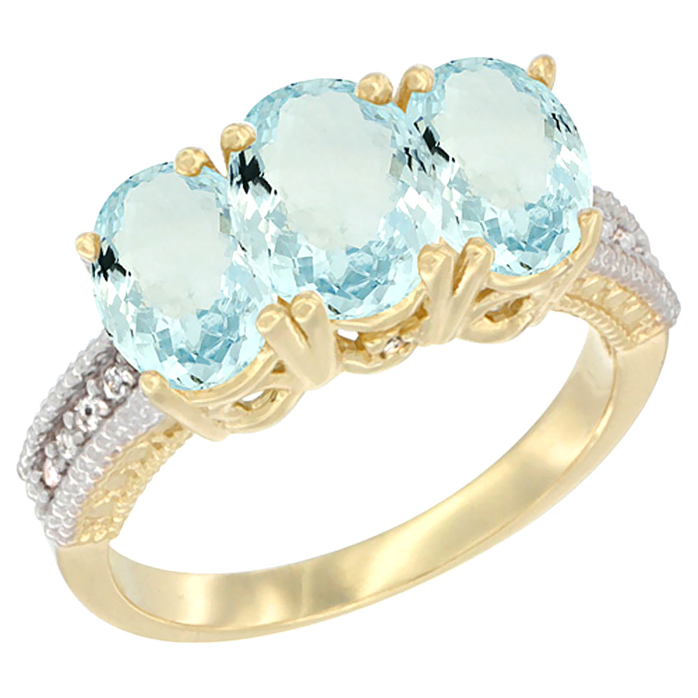 14K Yellow Gold Natural Aquamarine Ring 3-Stone Oval 7x5 mm Diamond Accent, sizes 5 - 10
