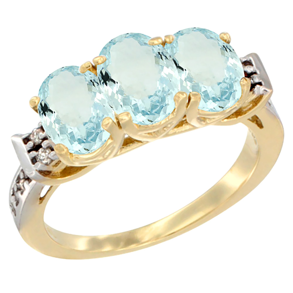 10K Yellow Gold Natural Aquamarine Ring 3-Stone Oval 7x5 mm Diamond Accent, sizes 5 - 10