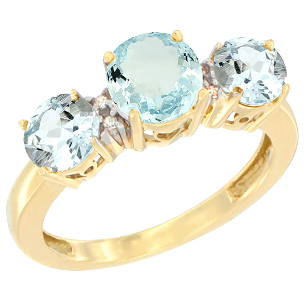 14K Yellow Gold Round 3-Stone Natural Aquamarine Ring Diamond Accent, sizes 5 - 10