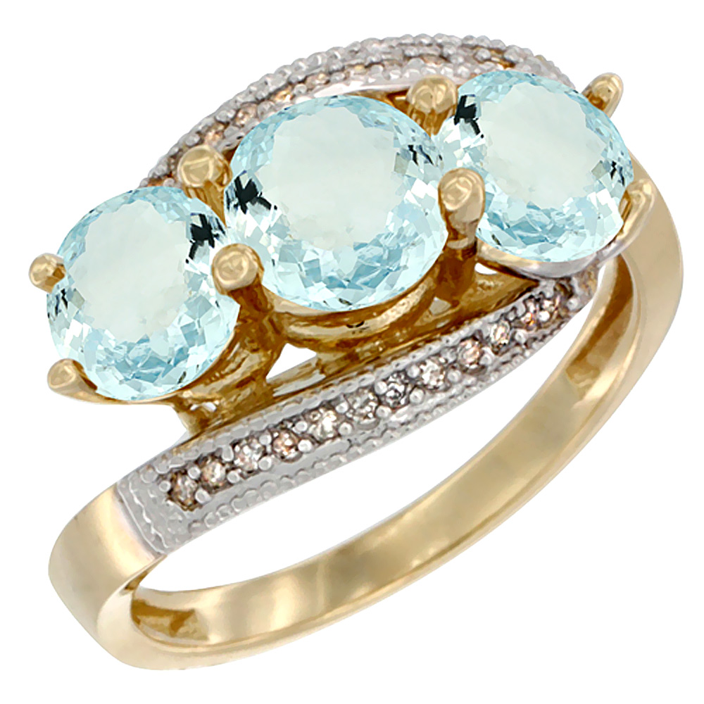 10K Yellow Gold Natural Aquamarine 3 stone Ring Round 6mm Diamond Accent, sizes 5 - 10